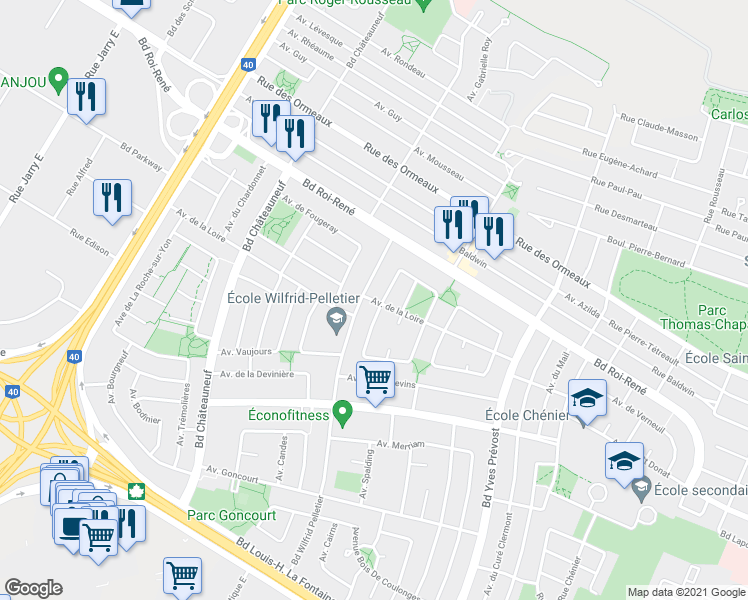 map of restaurants, bars, coffee shops, grocery stores, and more near 6841 Avenue de la Loire in Montreal