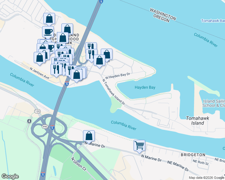 map of restaurants, bars, coffee shops, grocery stores, and more near 631 North Tomahawk Island Drive in Portland
