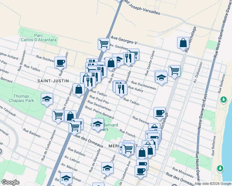 map of restaurants, bars, coffee shops, grocery stores, and more near 3080 Rue Bolduc in Montréal