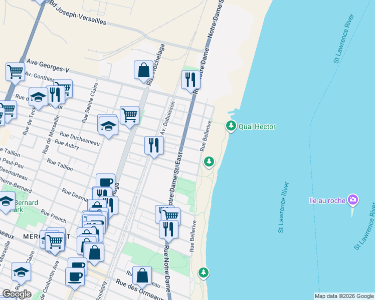 map of restaurants, bars, coffee shops, grocery stores, and more near 352 Avenue Bilaudeau in Montréal