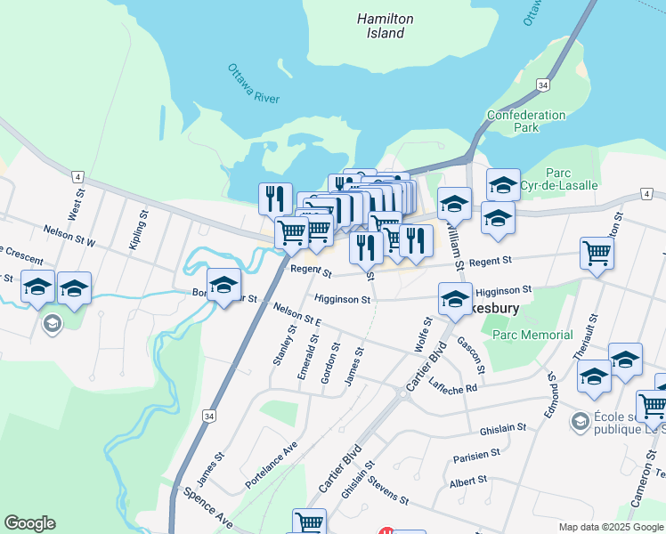 map of restaurants, bars, coffee shops, grocery stores, and more near 88 Main Street East in Hawkesbury