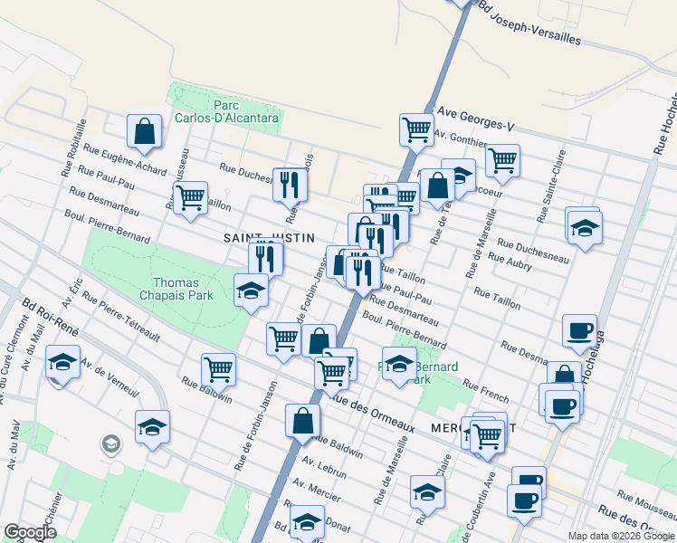 map of restaurants, bars, coffee shops, grocery stores, and more near 4400 Rue Paul-Pau in Montréal