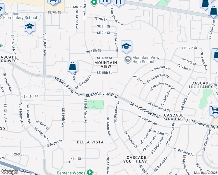 map of restaurants, bars, coffee shops, grocery stores, and more near 1702 Southeast 146th Court in Vancouver