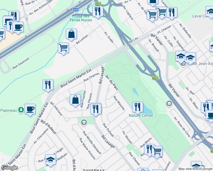 map of restaurants, bars, coffee shops, grocery stores, and more near 2226 Rue Auclair in Laval