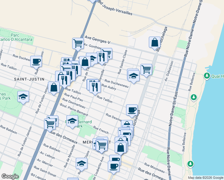 map of restaurants, bars, coffee shops, grocery stores, and more near 2870 Rue Aubry in Montréal