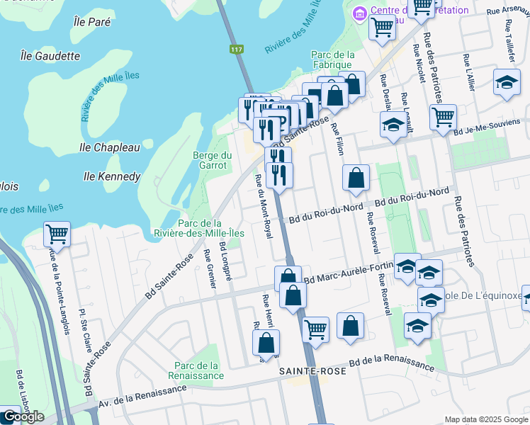 map of restaurants, bars, coffee shops, grocery stores, and more near Rue du Mont Royal in Laval