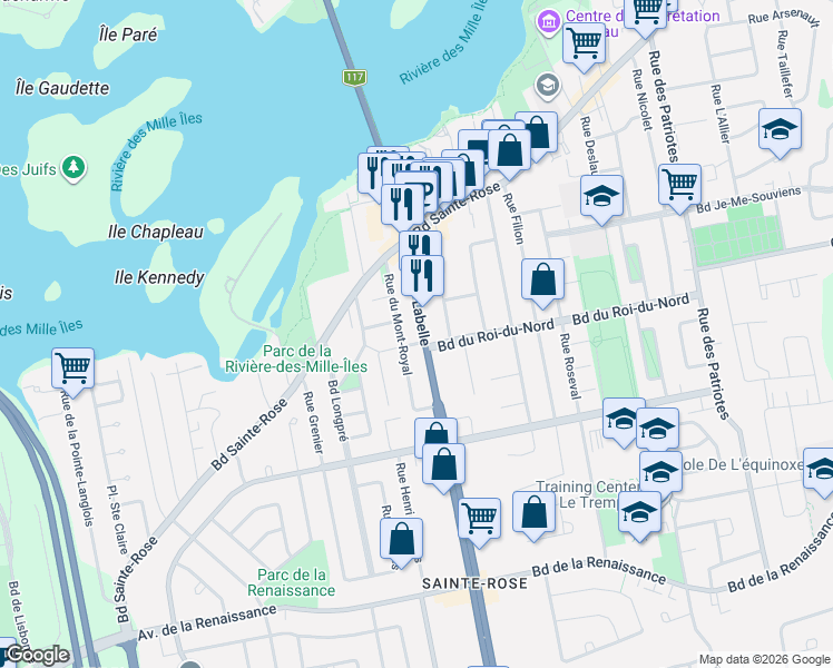 map of restaurants, bars, coffee shops, grocery stores, and more near 139 Boulevard Curé-Labelle in Laval