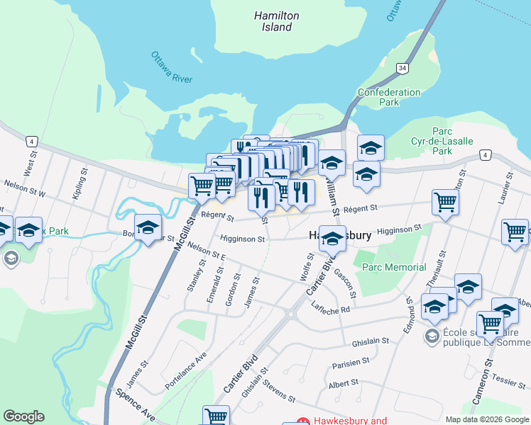 map of restaurants, bars, coffee shops, grocery stores, and more near 285 James Street in Hawkesbury