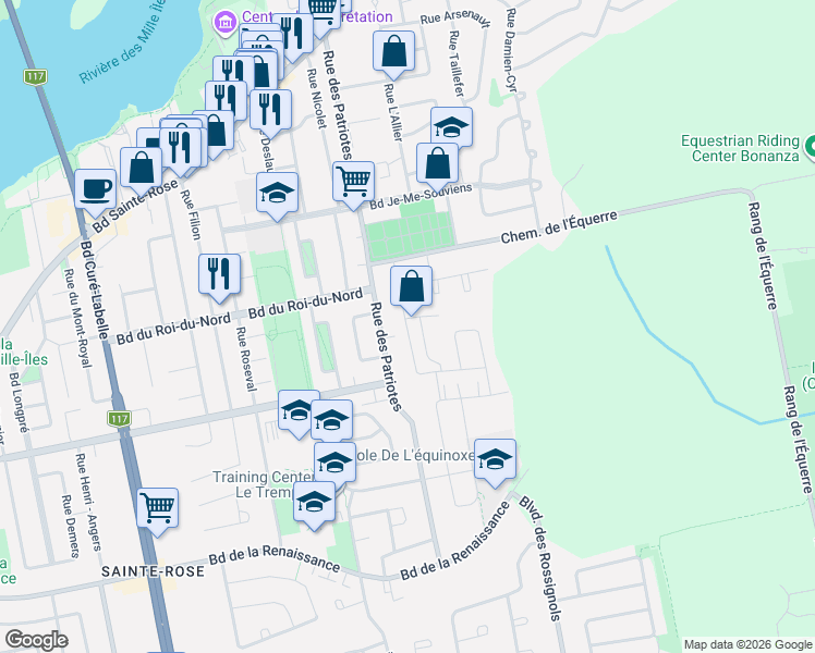 map of restaurants, bars, coffee shops, grocery stores, and more near Rue Antoine-Devin in Laval