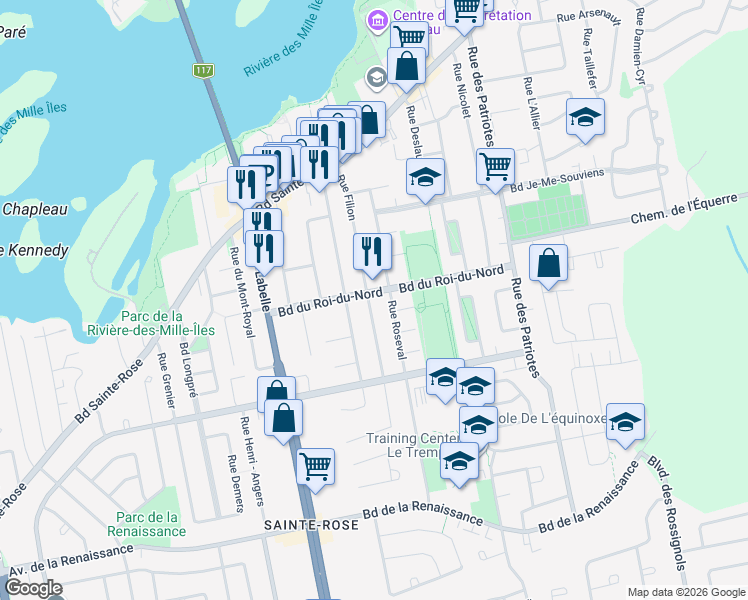 map of restaurants, bars, coffee shops, grocery stores, and more near 240 Boulevard du Roi-du-Nord in Laval