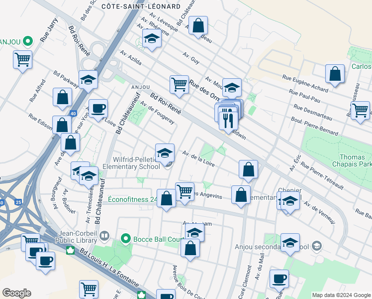 map of restaurants, bars, coffee shops, grocery stores, and more near 6841 Avenue de la Loire in Montréal