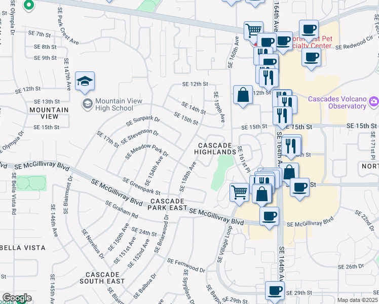 map of restaurants, bars, coffee shops, grocery stores, and more near 1701 Southeast Briarwood Drive in Vancouver