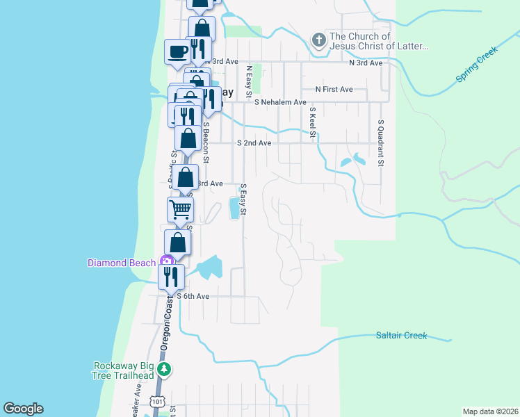map of restaurants, bars, coffee shops, grocery stores, and more near 333 Pacific View Drive in Rockaway Beach