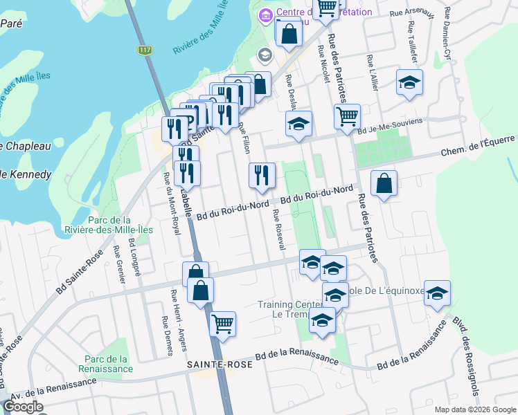 map of restaurants, bars, coffee shops, grocery stores, and more near Rue Filion in Laval