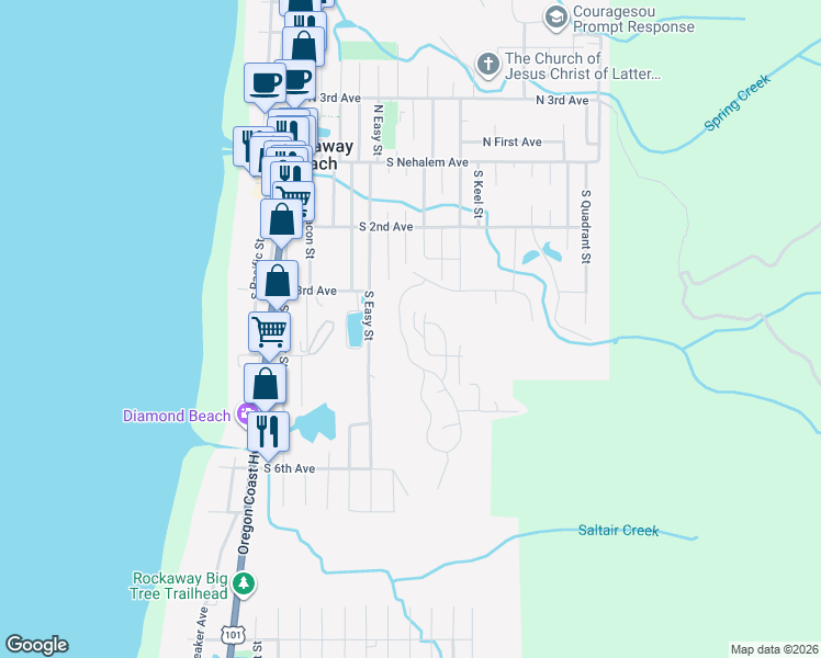 map of restaurants, bars, coffee shops, grocery stores, and more near 353 South Longview Loop in Rockaway Beach
