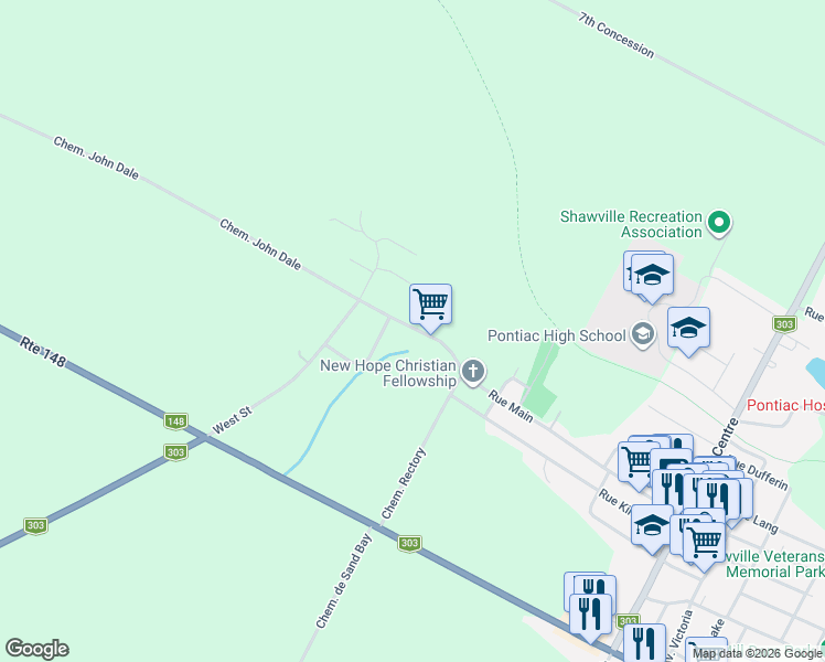 map of restaurants, bars, coffee shops, grocery stores, and more near 670 Chemin John Dale in Shawville