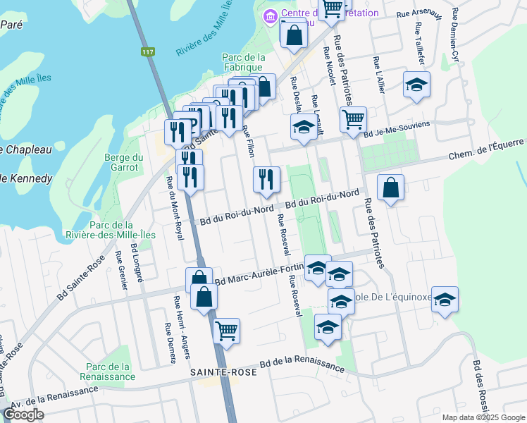 map of restaurants, bars, coffee shops, grocery stores, and more near Rue Filion in Laval