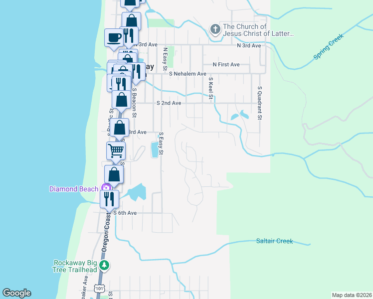 map of restaurants, bars, coffee shops, grocery stores, and more near 353 South Longview Loop in Rockaway Beach