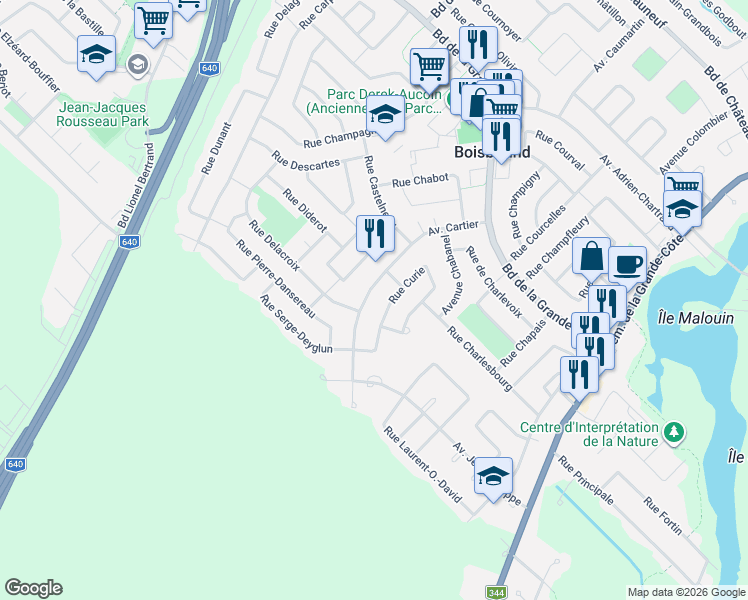map of restaurants, bars, coffee shops, grocery stores, and more near 726 Avenue Cartier in Boisbriand