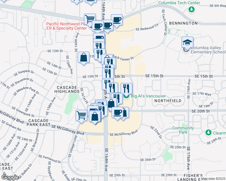 map of restaurants, bars, coffee shops, grocery stores, and more near 16400 Southeast 18th Street in Vancouver