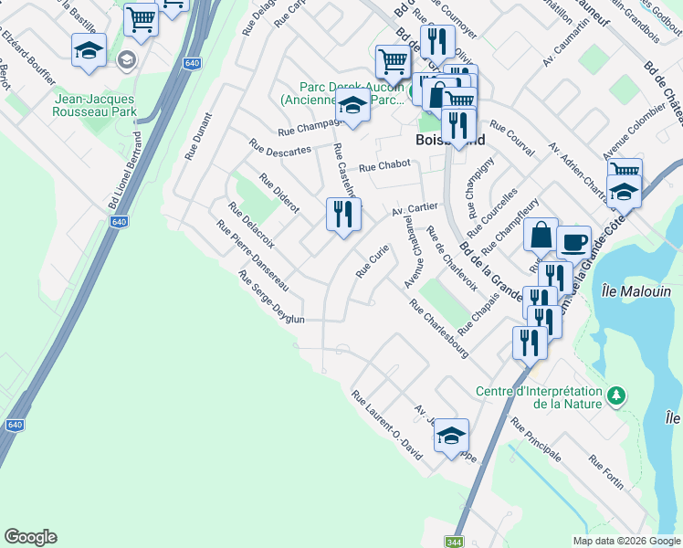 map of restaurants, bars, coffee shops, grocery stores, and more near 726 Avenue Cartier in Boisbriand