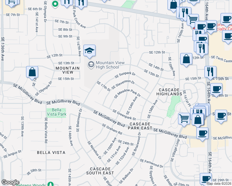 map of restaurants, bars, coffee shops, grocery stores, and more near 15014 Southeast Meadow Park Drive in Vancouver