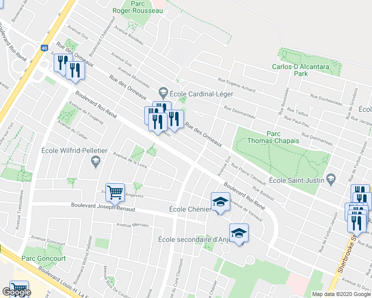 map of restaurants, bars, coffee shops, grocery stores, and more near 6456 Avenue Baldwin in Montréal