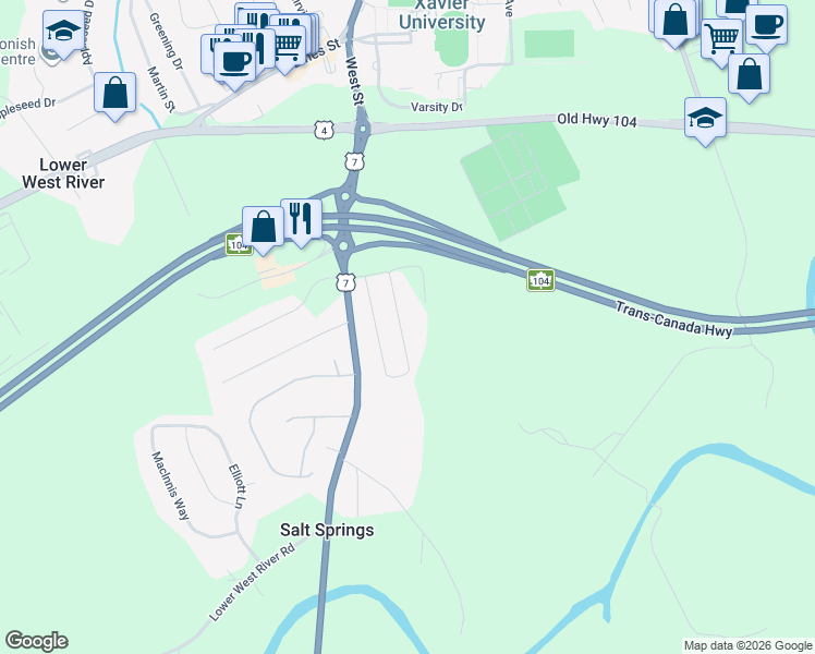 map of restaurants, bars, coffee shops, grocery stores, and more near 31 Heritage Drive in Antigonish