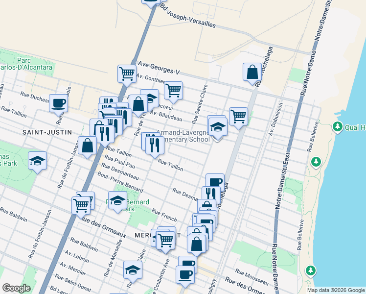 map of restaurants, bars, coffee shops, grocery stores, and more near 2870 Rue Aubry in Montreal