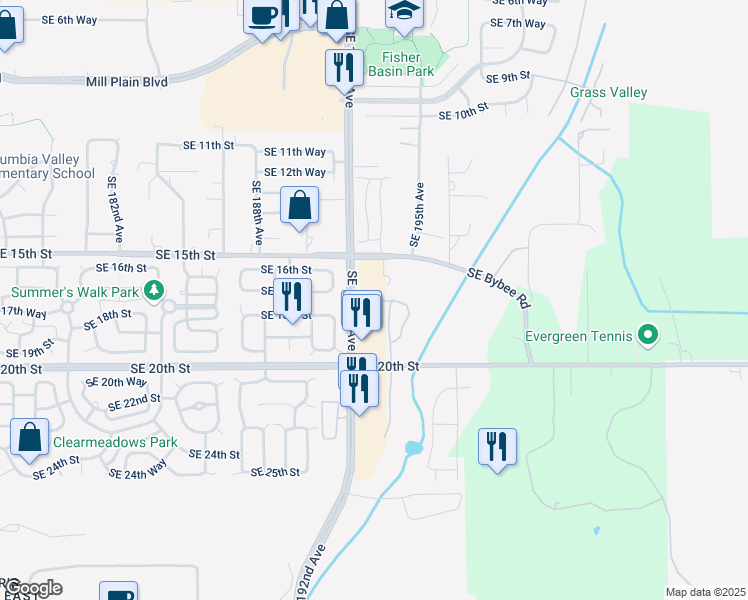 map of restaurants, bars, coffee shops, grocery stores, and more near 1805 Southeast 192nd Avenue in Camas