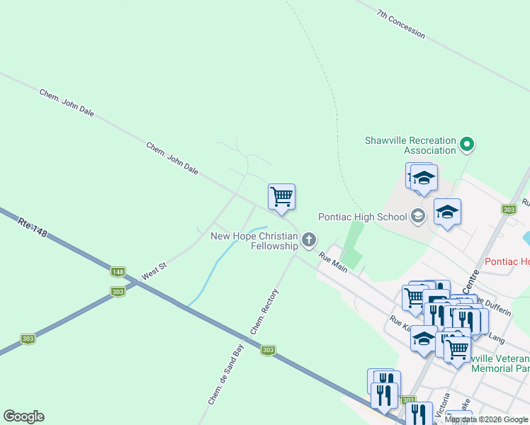map of restaurants, bars, coffee shops, grocery stores, and more near 676 Chemin John Dale in Shawville