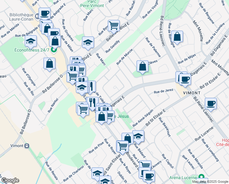 map of restaurants, bars, coffee shops, grocery stores, and more near 79 Rue d'Avila in Laval