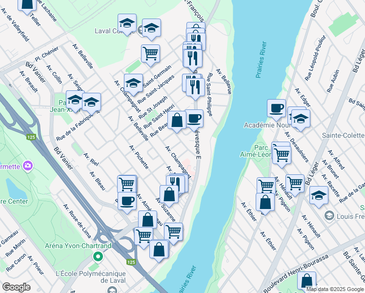 map of restaurants, bars, coffee shops, grocery stores, and more near 956 Avenue Saint Laurent in Laval