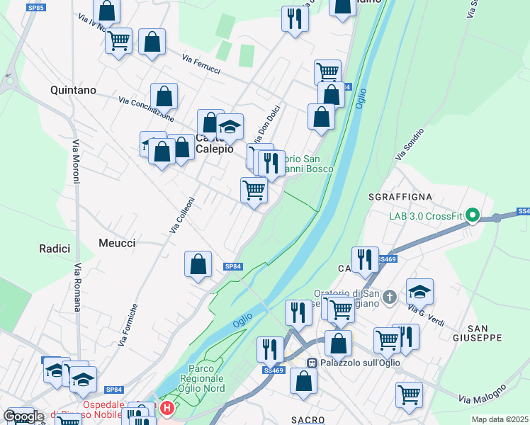 map of restaurants, bars, coffee shops, grocery stores, and more near 9 SP84 in Castelli Calepio