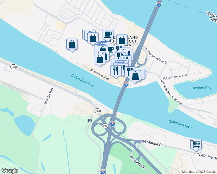 map of restaurants, bars, coffee shops, grocery stores, and more near 1661 North Jantzen Avenue in Portland
