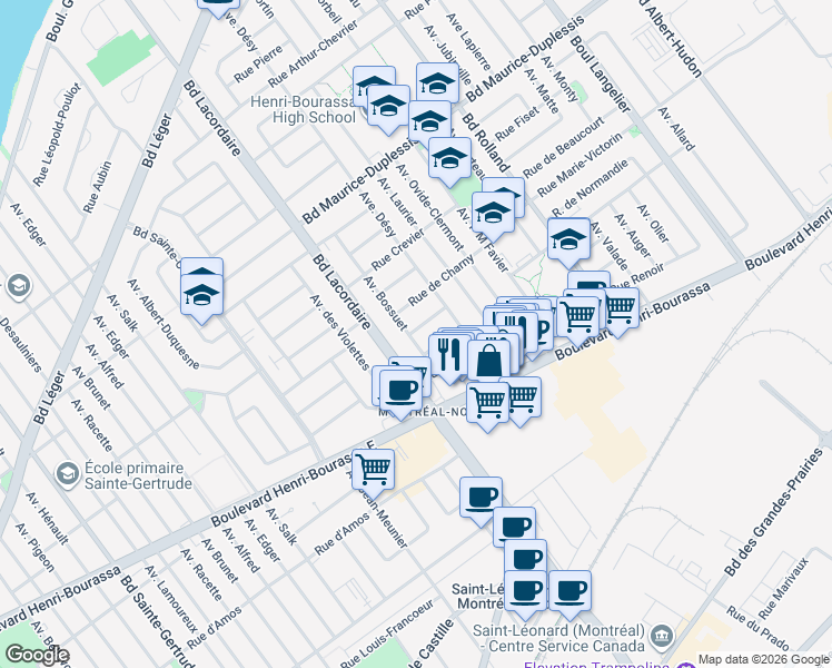 map of restaurants, bars, coffee shops, grocery stores, and more near 5812 Rue Farly in Montréal