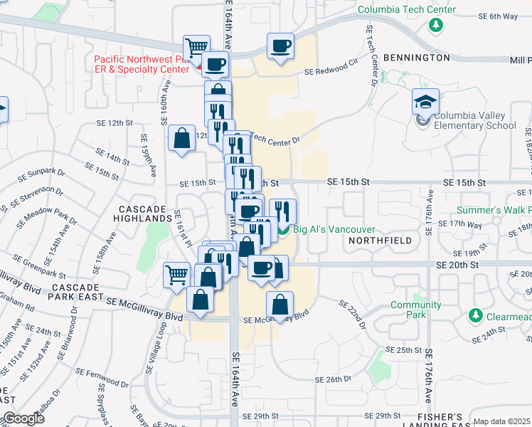 map of restaurants, bars, coffee shops, grocery stores, and more near 16415 Southeast 15th Street in Vancouver