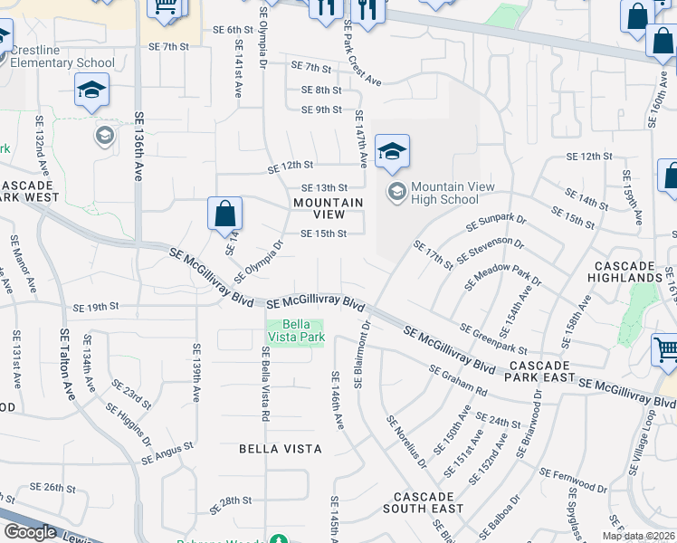 map of restaurants, bars, coffee shops, grocery stores, and more near 1612 Southeast 146th Court in Vancouver