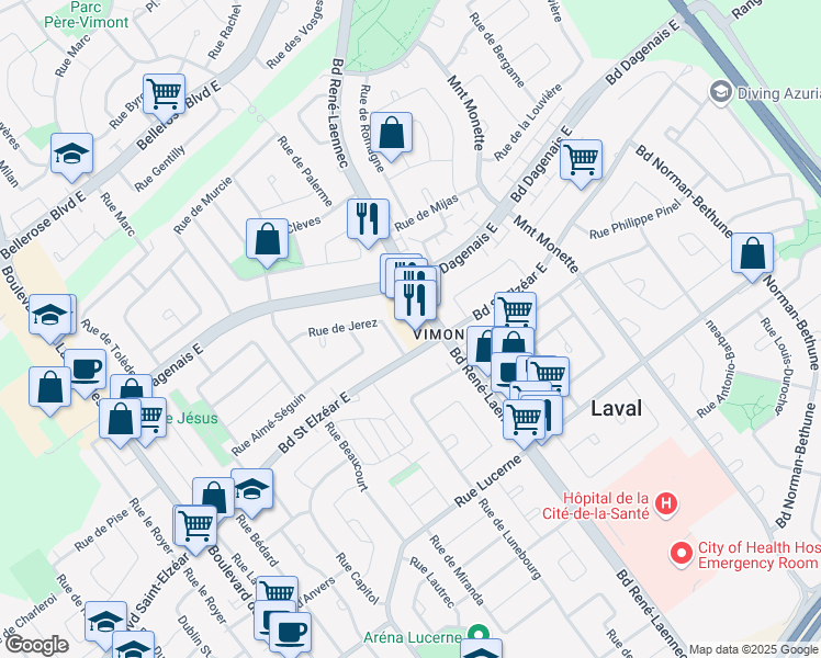 map of restaurants, bars, coffee shops, grocery stores, and more near 2016 Boulevard René-Laennec in Laval