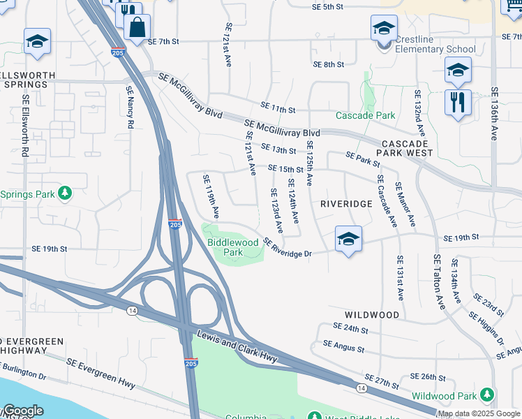 map of restaurants, bars, coffee shops, grocery stores, and more near 12033 Southeast 17th Street in Vancouver