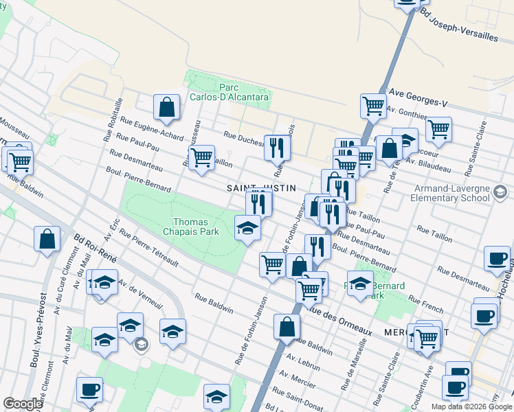 map of restaurants, bars, coffee shops, grocery stores, and more near 5132 Rue Desmarteau in Montréal
