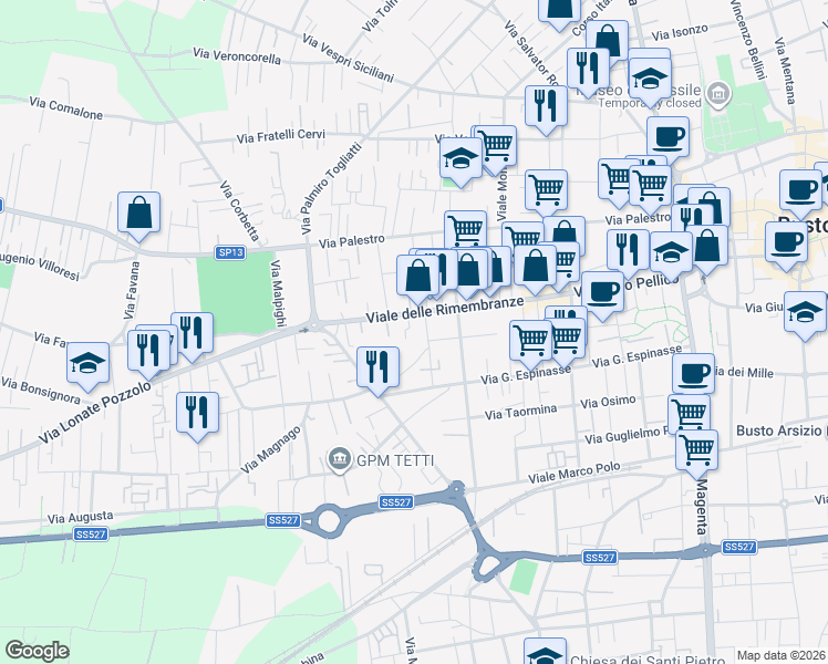 map of restaurants, bars, coffee shops, grocery stores, and more near 37TER Viale delle Rimembranze in Busto Arsizio