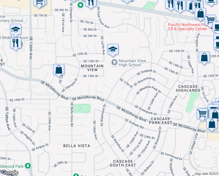 map of restaurants, bars, coffee shops, grocery stores, and more near 14725 Southeast 16th Circle in Vancouver