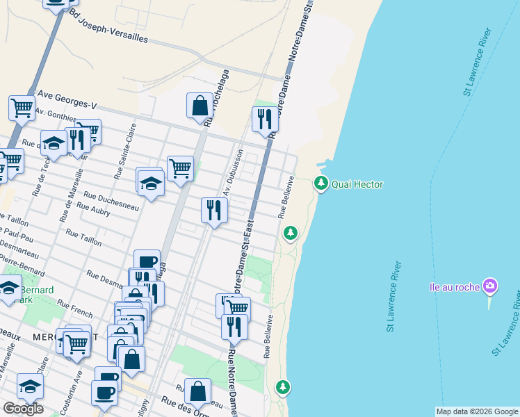 map of restaurants, bars, coffee shops, grocery stores, and more near 9510 Rue Notre-Dame Est in Montréal
