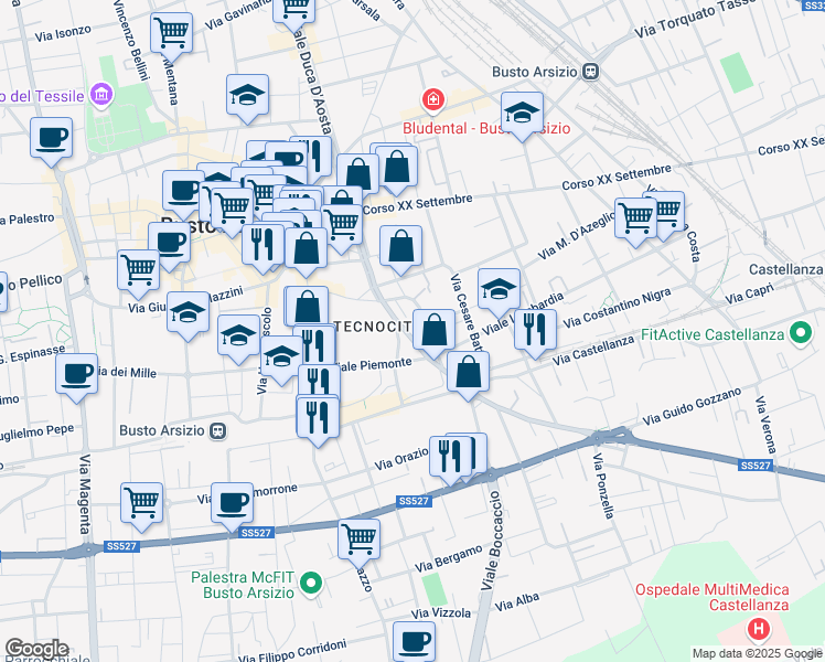 map of restaurants, bars, coffee shops, grocery stores, and more near 17 Viale Luigi Cadorna in Busto Arsizio