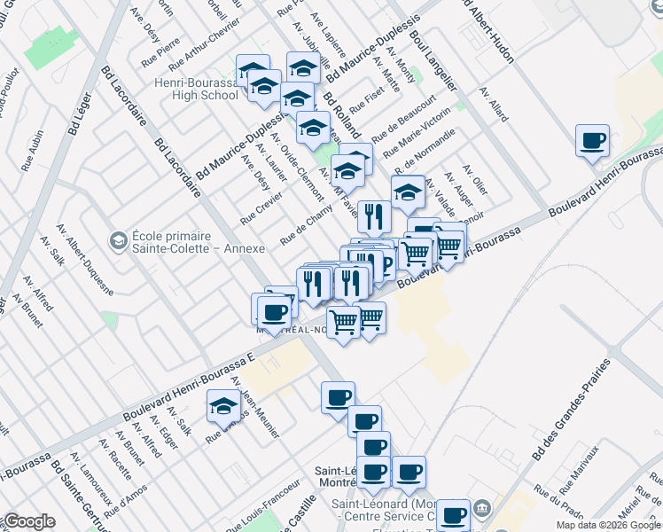 map of restaurants, bars, coffee shops, grocery stores, and more near 11493 Avenue Désy in Montréal