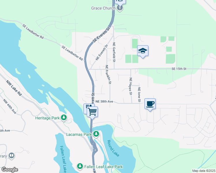 map of restaurants, bars, coffee shops, grocery stores, and more near 4033 Northeast Franklin Street in Camas