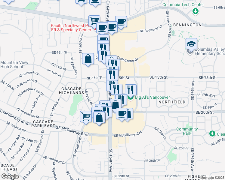map of restaurants, bars, coffee shops, grocery stores, and more near 16400 Southeast 18th Street in Vancouver