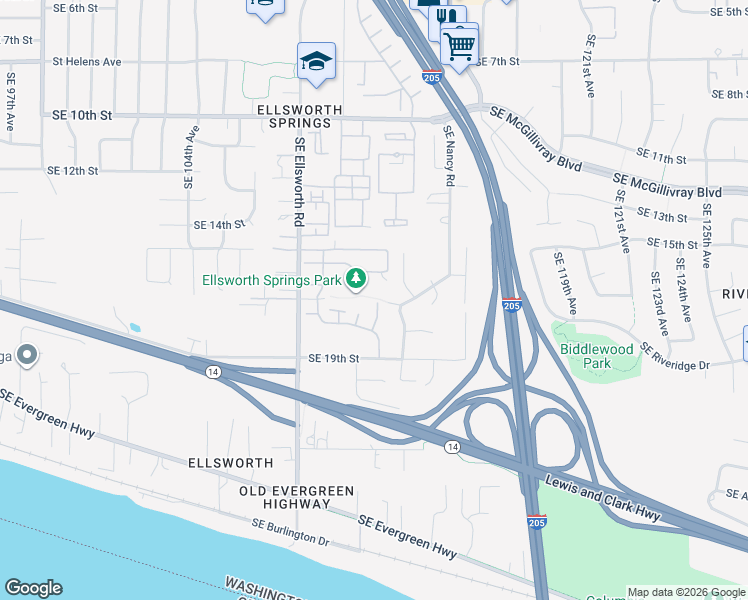 map of restaurants, bars, coffee shops, grocery stores, and more near 1722 Southeast 112th Court in Vancouver