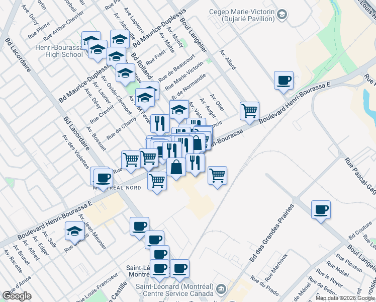 map of restaurants, bars, coffee shops, grocery stores, and more near 6151 Boulevard Henri-Bourassa Est in Montréal